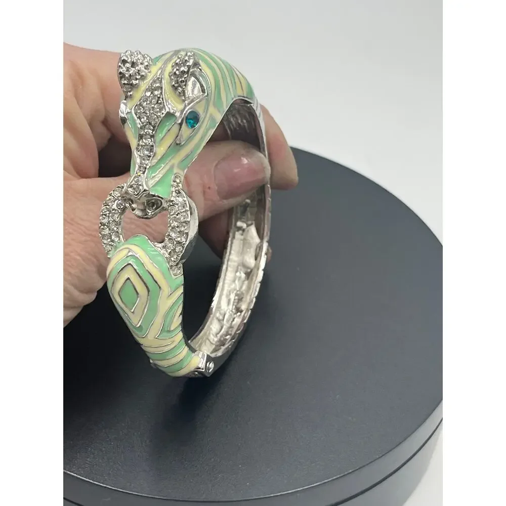 Mint and Cream Zebra with‎ Stripes Hinged Rhinestone Blue Eyes Bangle Bracelet